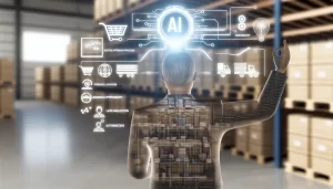 Futuristic logistics hub featuring AI automation systems.