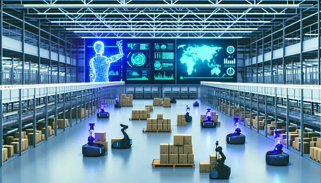 Hệ thống vận hành kho bãi nâng cao với robot AI phân loại hàng hóa.