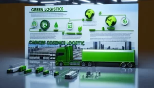 Cảnh quan thành phố với các phương tiện logstics và hệ thống năng lượng tái tạo.