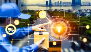 CEO strategizing with a global shipping map, symbolizing logistics planning and international expansion.