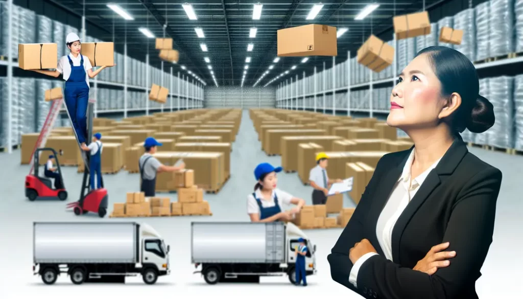 Diverse business leaders review logistics KPIs in a modern office setting on a large screen.