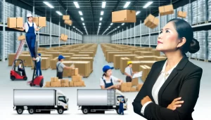 Diverse business leaders review logistics KPIs in a modern office setting on a large screen.