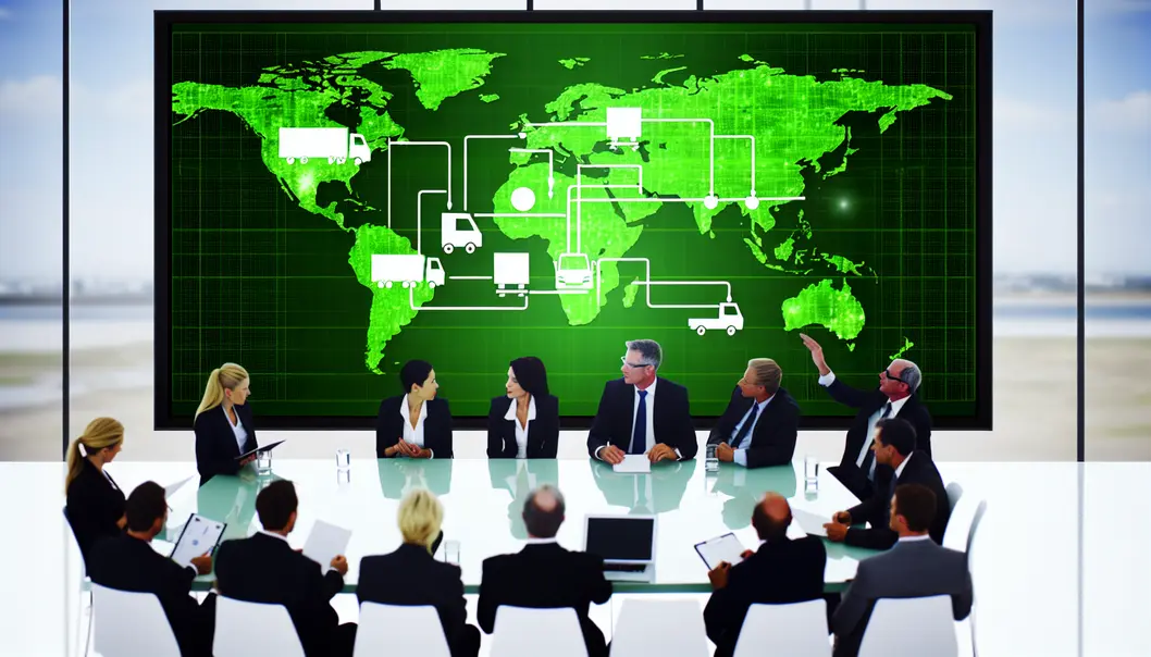 Hệ thống logistics xanh hiện đại với xe tải điện và năng lượng mặt trời.