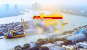 DHL aircraft taking off near a digital map with logistics data points for international shipping.