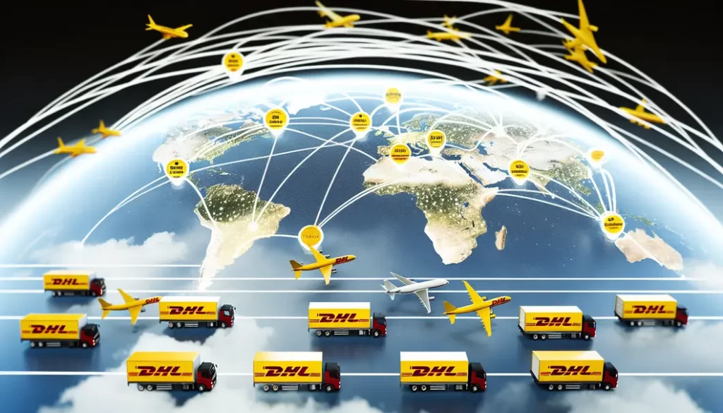 DHL plane and logistics equipment on an airport runway, highlighting global operations.
