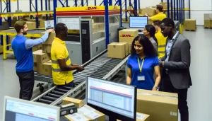 Toàn cảnh từ trên cao một trung tâm logistics của DHL nhộn nhịp với máy bay, xe tải và cơ sở phân loại.