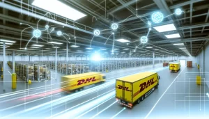 Hình ảnh miêu tả hoạt động logistics của DHL với các nhân viên, xe tải và máy bay vận chuyển hàng hóa.