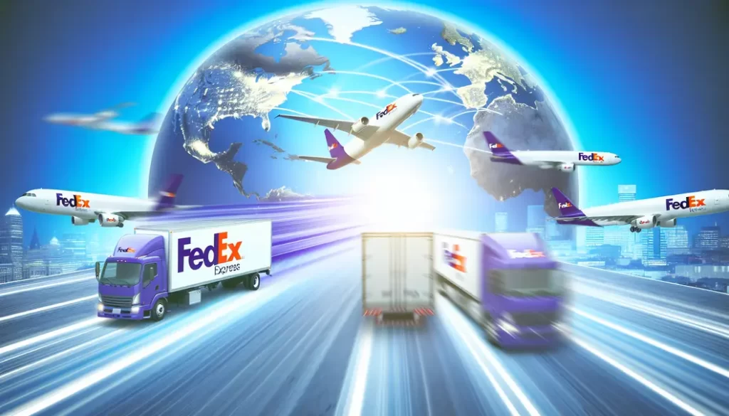 Máy bay FedEx cất cánh với nền trời TP.HCM tượng trưng cho vận chuyển quốc tế.