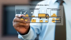 Delivery drones and vehicles in a city skyline representing the future of last-mile logistics.