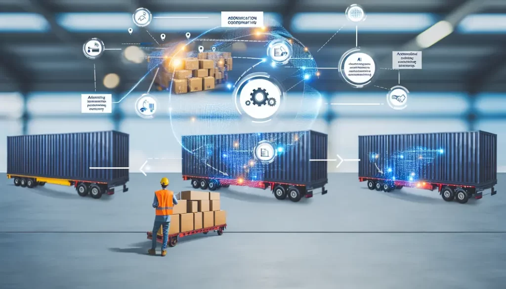 Trung tâm logistics tương lai với drone và xe tải thông minh cùng thành phố phía xa.