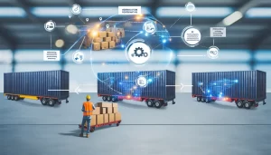 Trung tâm logistics tương lai với drone và xe tải thông minh cùng thành phố phía xa.