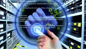 Futuristic warehouse utilizing RFID technology for efficient logistics management.