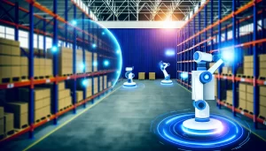 A smart warehouse featuring drones and autonomous vehicles.