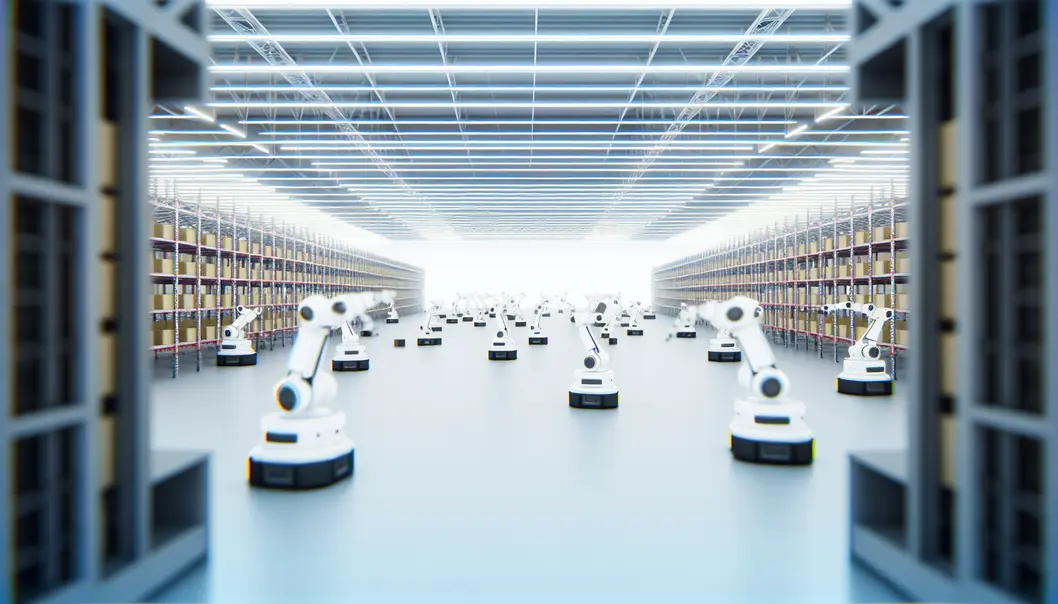 Nhà kho hiện đại với hệ thống robot tự động hóa trong logistics.