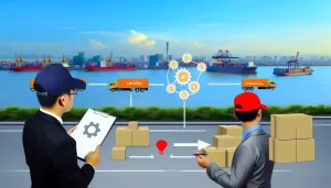 Global logistics symbols with containers, airplanes, and digital devices with world map.