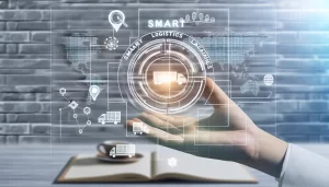 Cảng vận chuyển với cần cẩu, tàu hàng và dữ liệu logistics.