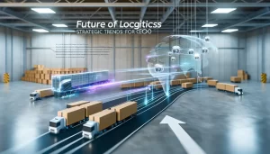 Mạng lưới logistics toàn cầu với các trung tâm và tuyến vận chuyển kết nối thể hiện tương lai ngành logistics.