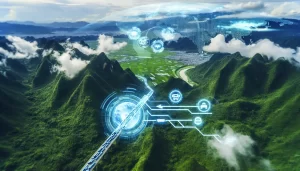 Hình ảnh quả địa cầu với các container vận chuyển và biểu tượng logistics, đại diện cho tầm với toàn cầu và sự hợp tác.