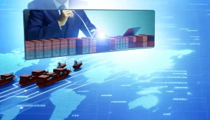 A busy port scene with containers being loaded onto a large cargo ship, representing global trade dynamics.