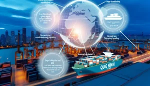 Cảng quốc tế tại Quảng Ninh với logo LOG và UPS, thể hiện sự hợp tác hiệu quả về vận tải.