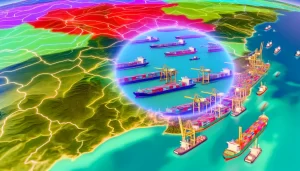 Các phương tiện vận chuyển như xe tải, máy bay, tàu thủy thể hiện hoạt động giao nhận quốc tế.