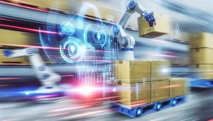 Một hệ thống logistics hiện đại trong ngành FMCG với những màn hình hiển thị dữ liệu và hệ thống tự động.