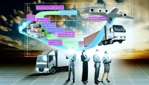 Hình ảnh tổng thể về hoạt động logistics trong ngành FMCG với các yếu tố công nghệ và chiến lược nổi bật.