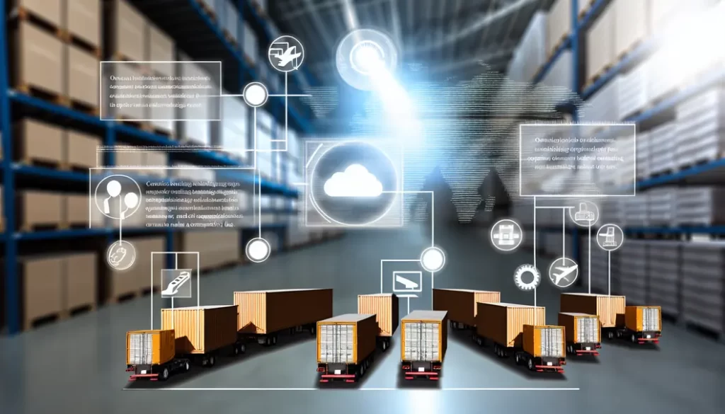 Futuristic logistics control center with digital cargo movement management