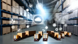 Futuristic logistics control center with digital cargo movement management