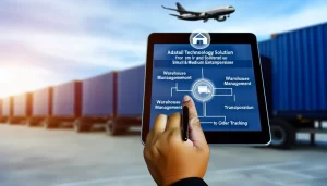 Các nhà lãnh đạo kinh doanh thảo luận về quản lý logistics với bảng điều khiển phần mềm chiếu trên tường.