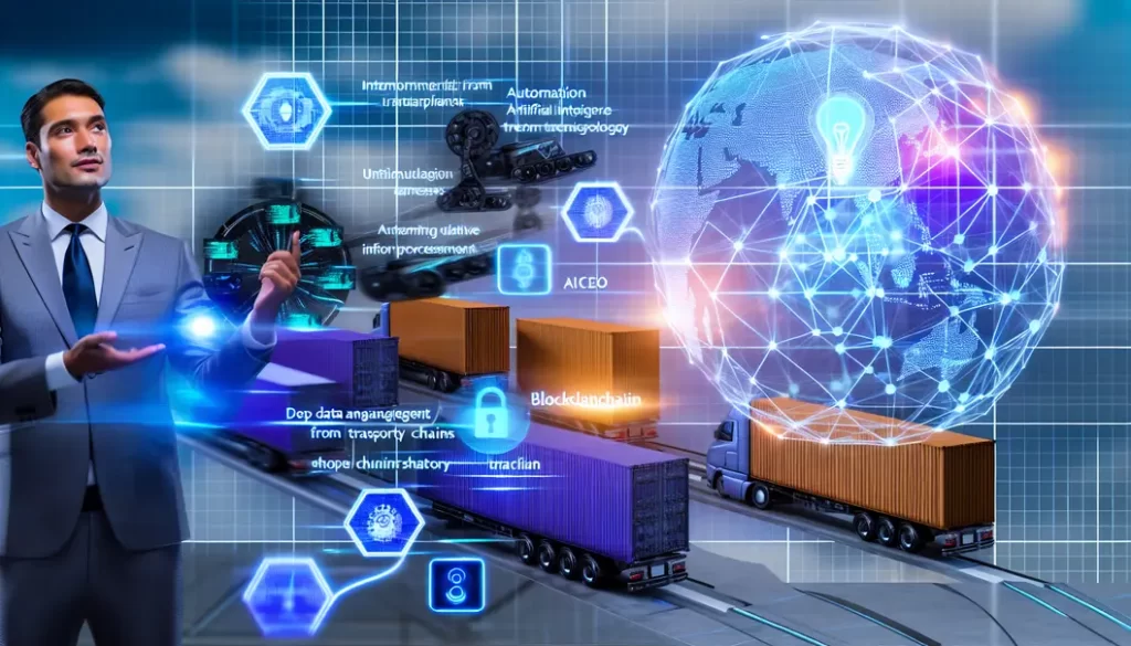 Global logistics network map with technology, sustainability, and efficiency icons interconnected.