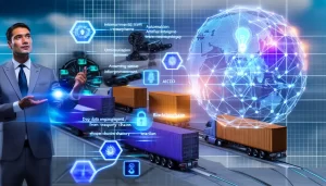 Global logistics network map with technology, sustainability, and efficiency icons interconnected.