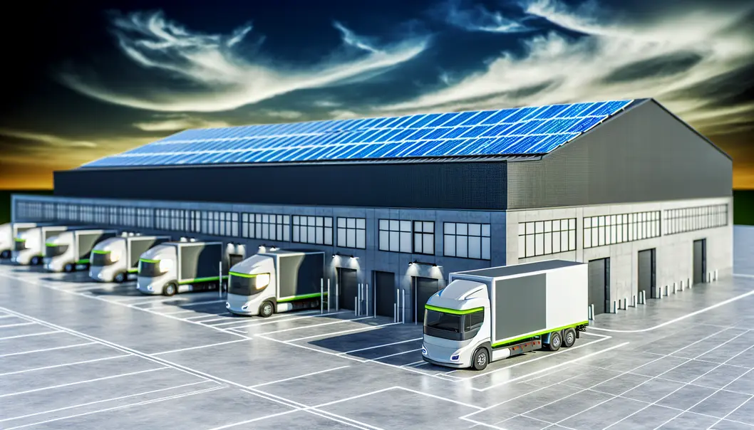 Một trung tâm logistics hiện đại áp dụng pin mặt trời và phương tiện điện.