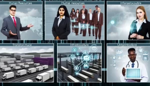Aerial view of a logistics hub with multiple transport modes and global connectivity highlights.