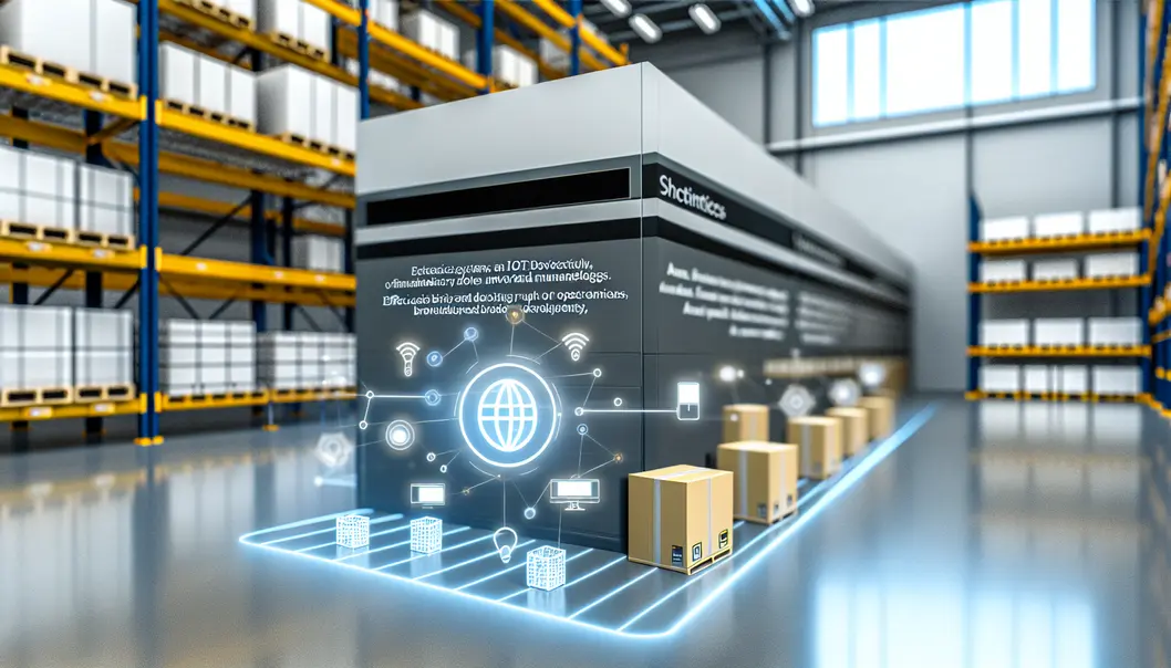 Kho hàng hiện đại với các hệ thống tự động và thiết bị IoT quản lý tồn kho.