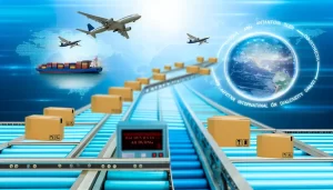 Nhân viên logistics và robot vận chuyển trong một trung tâm phân phối hiện đại và tích cực.