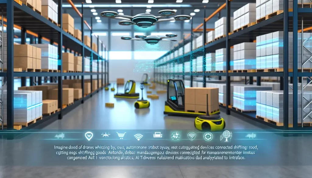 Hình ảnh kho bãi tương lai với công nghệ IoT và trí tuệ nhân tạo.