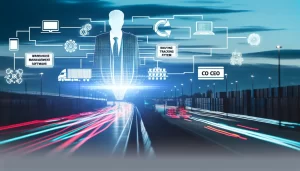 CEO xem xét kế hoạch logistics trên bảng số hóa cùng đội ngũ.