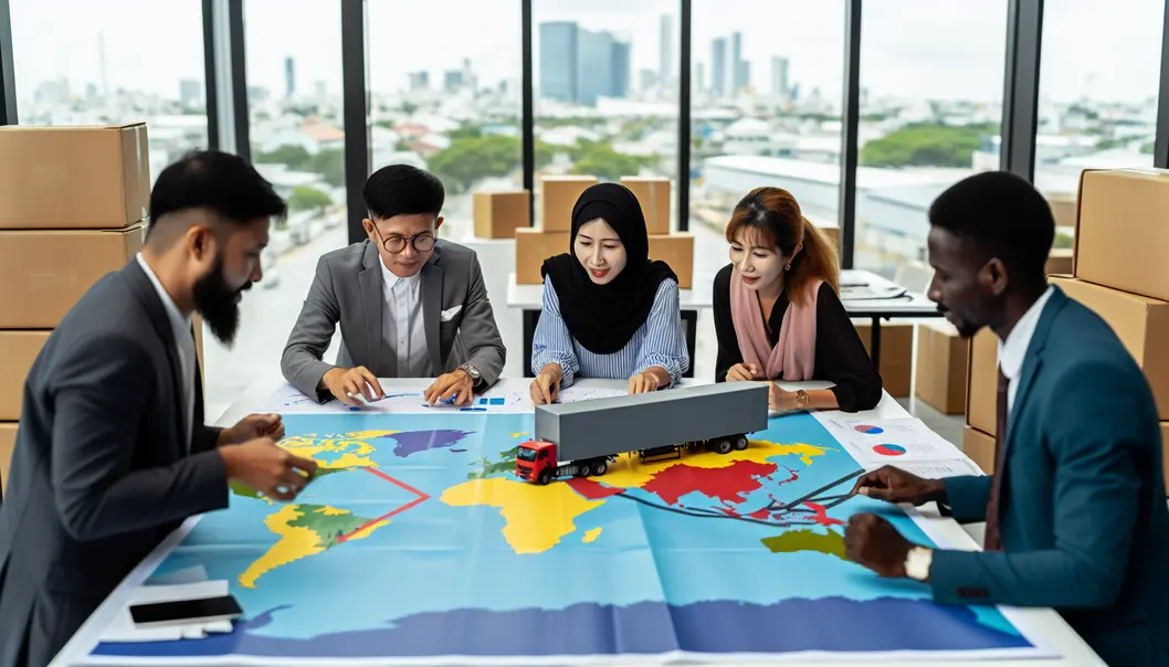 Đội ngũ chuyên gia logistics lập kế hoạch vận chuyển quốc tế.