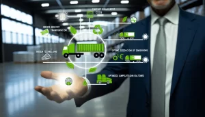 Futuristic logistics hub with green technology and infrastructure.