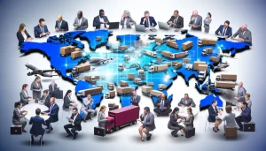 Hình ảnh thực tế của một CEO đang cầm gói hàng UPS ở trung tâm logistics nhộn nhịp.