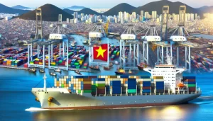 A container ship on the ocean with Vietnam and Brazil flags on containers.