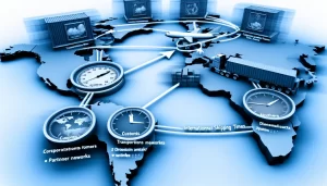 Hình ảnh giám đốc điều hành và đội ngũ bàn thảo về chiến lược logistics quốc tế trong văn phòng.