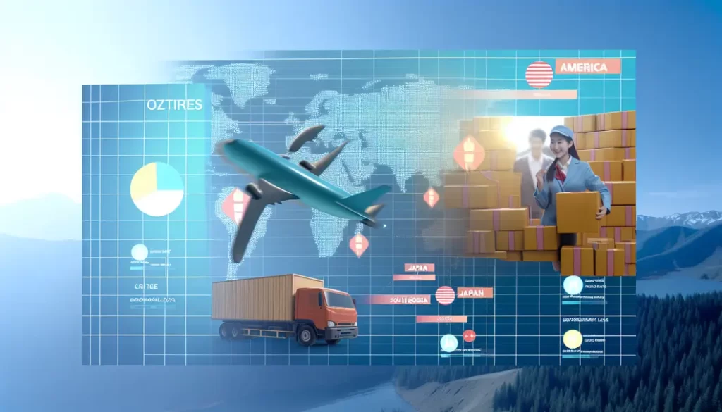 Business executive overseeing international shipping with a global city skyline.