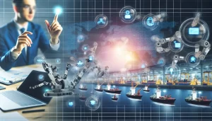 A group of professionals in a high-tech office using digital tools for international shipments.