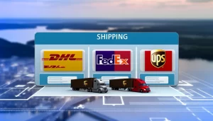 Globe with location pins for DHL, FedEx, and UPS, symbolizing global logistics reach.