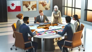 CEO in front of a world map studying global shipping routes.