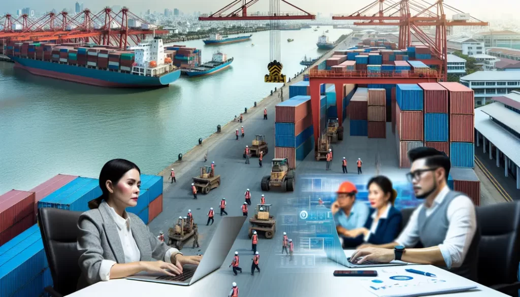 A bustling port in Hồ Chí Minh City with shipping vessels and the city skyline.