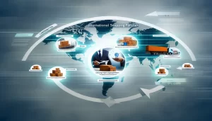 Cảnh vật chuyển động có các xe tải, máy bay, và tàu vận chuyển container trên toàn cầu.