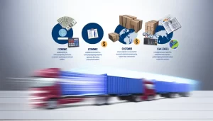 Cảng quốc tế tấp nập với các container hàng hóa đang được chất lên tàu, tượng trưng cho thương mại và logistics toàn cầu.